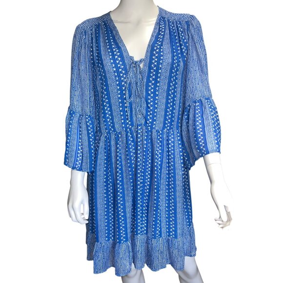 Sabina Musayev Dress Womens L Blue Geometric Boho Ruffle Bell Sleeve Mini - Picture 1 of 14